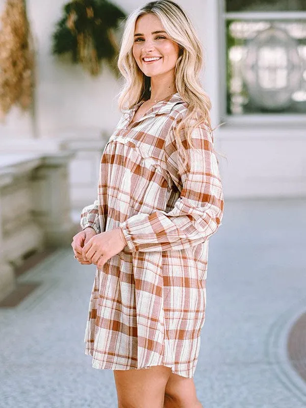 Casual Plaid Shirt Dress With Long Sleeves For Women