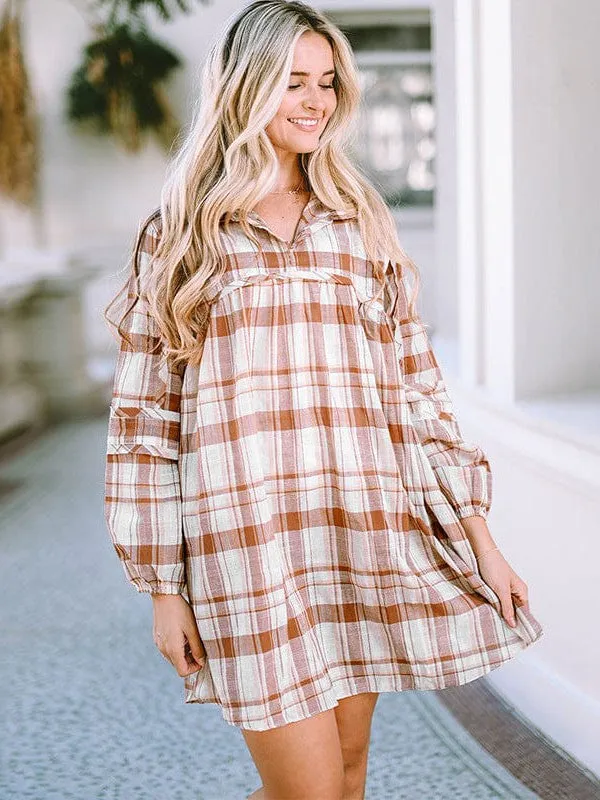 Casual Plaid Shirt Dress With Long Sleeves For Women