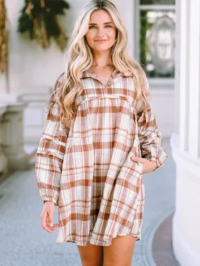 Casual Plaid Shirt Dress With Long Sleeves For Women