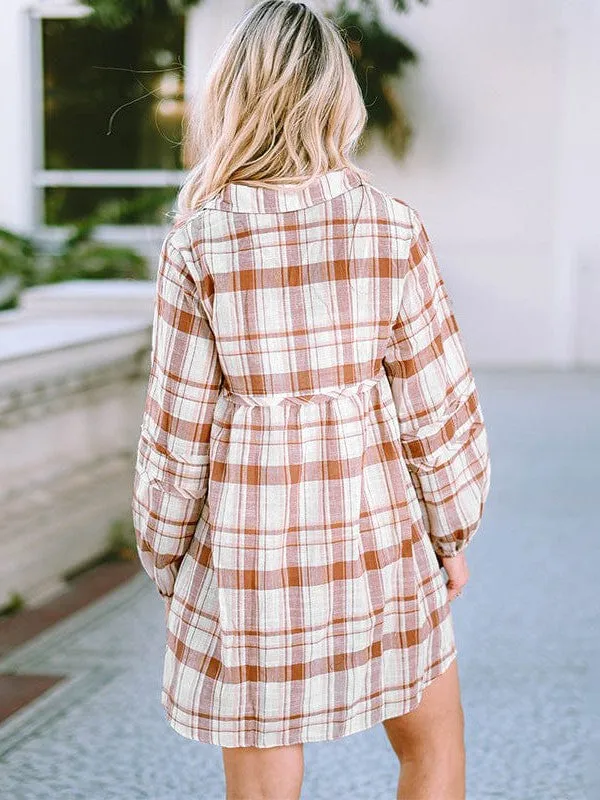 Casual Plaid Shirt Dress With Long Sleeves For Women