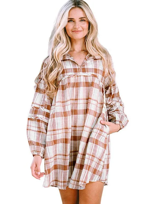Casual Plaid Shirt Dress With Long Sleeves For Women