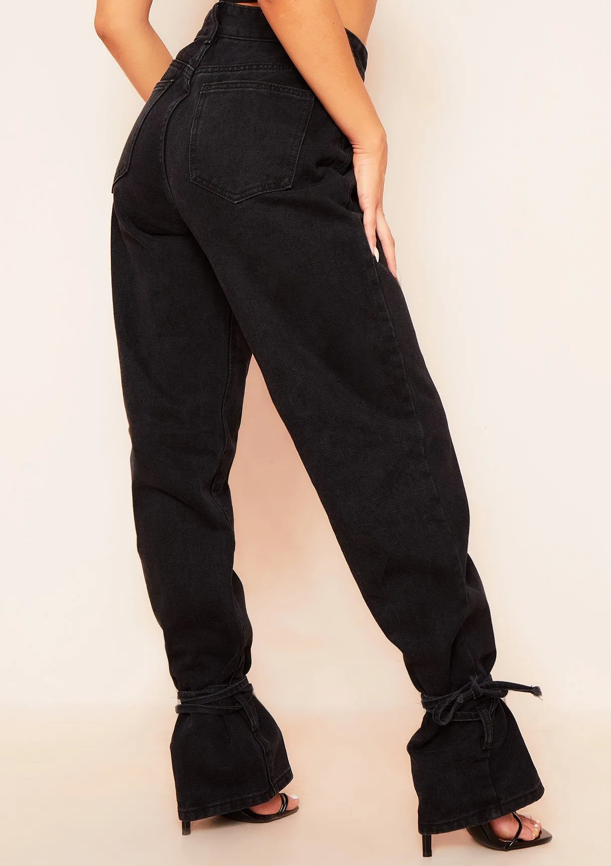 Cici Black Denim Dark Wash Tie Hem Straight Leg Jeans
