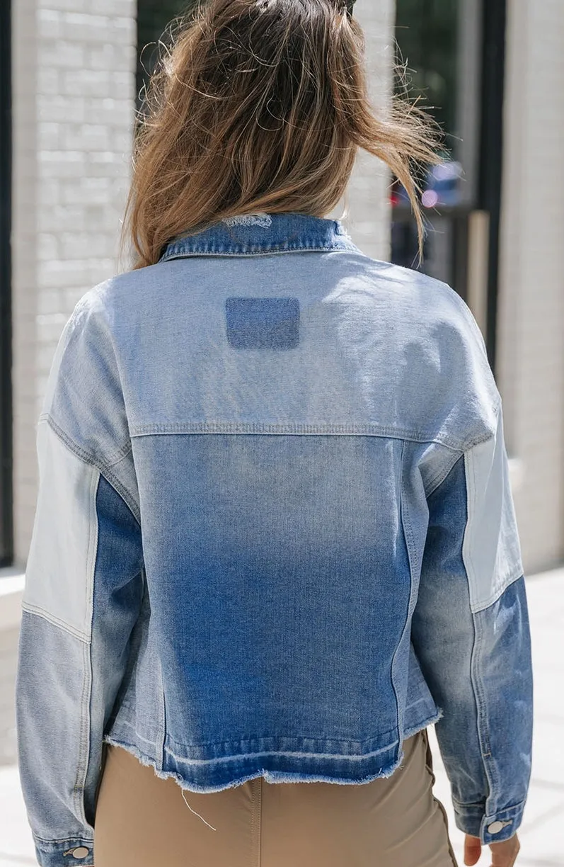 Color Block Denim Patchwork Frayed Hem Jacket