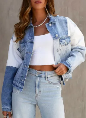 Color Block Denim Patchwork Frayed Hem Jacket