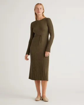 Cotton Cashmere Ribbed Long Sleeve Crew Midi Dress
