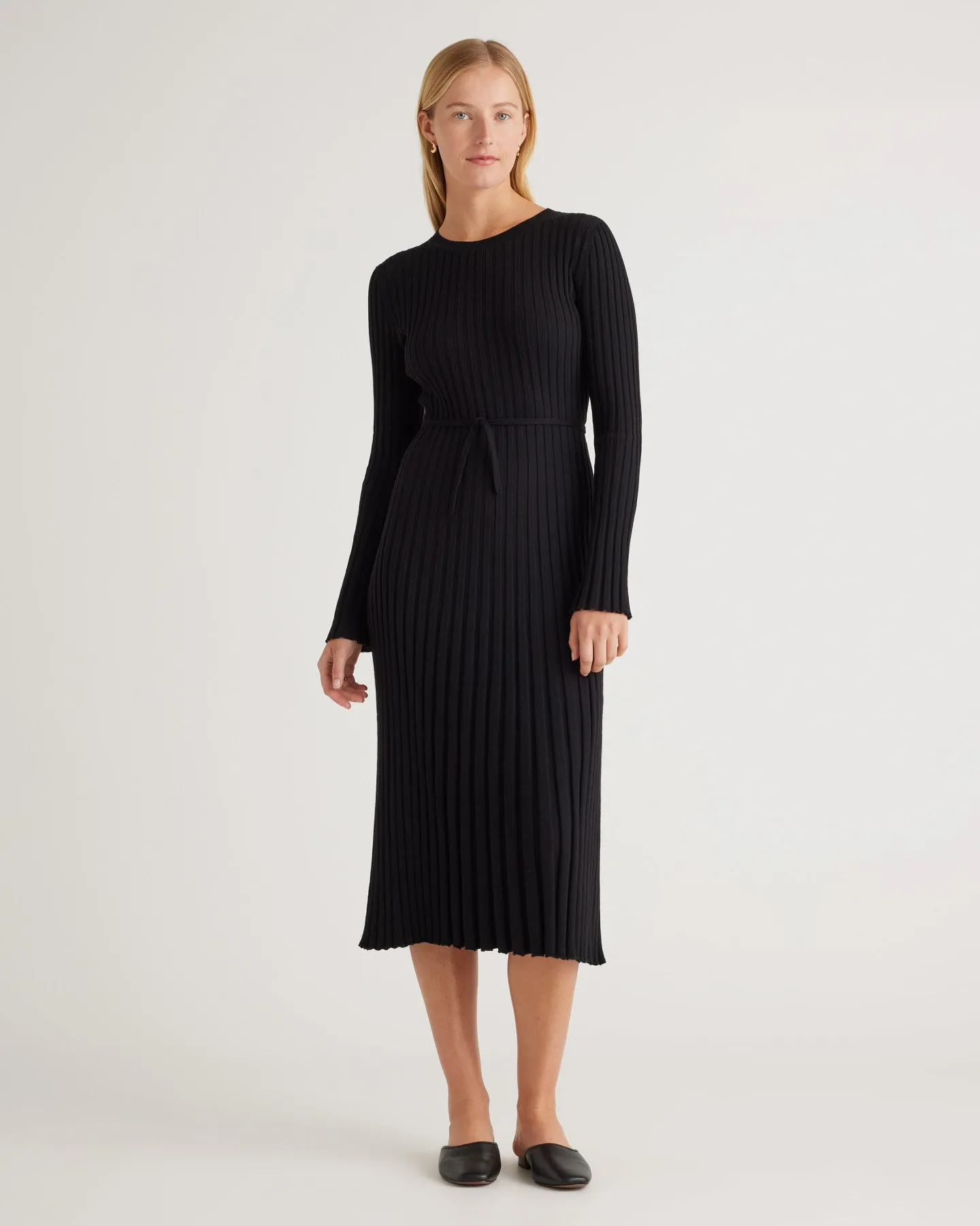 Cotton Cashmere Ribbed Long Sleeve Crew Midi Dress