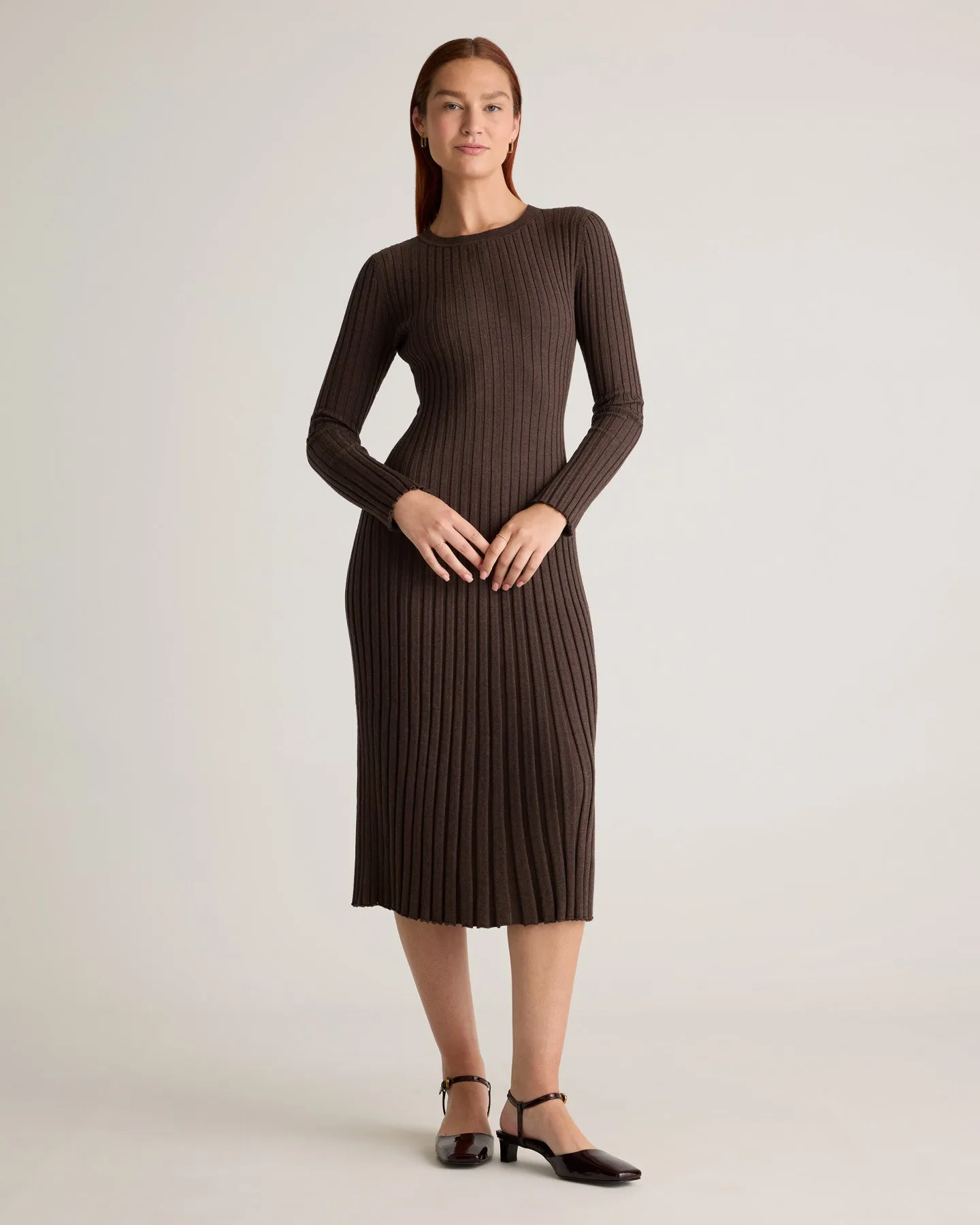 Cotton Cashmere Ribbed Long Sleeve Crew Midi Dress