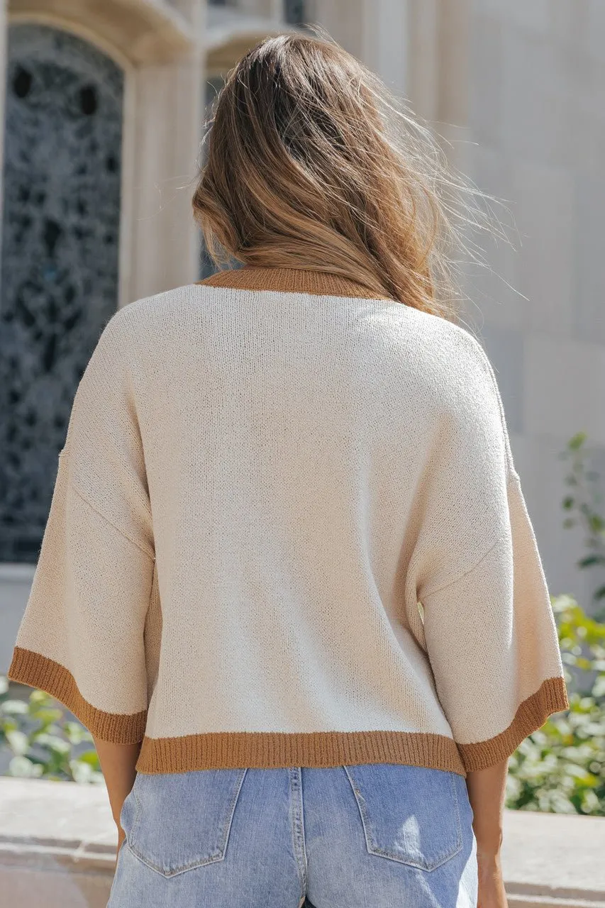 Cream Color Block Pullover Sweater - DOORBUSTER