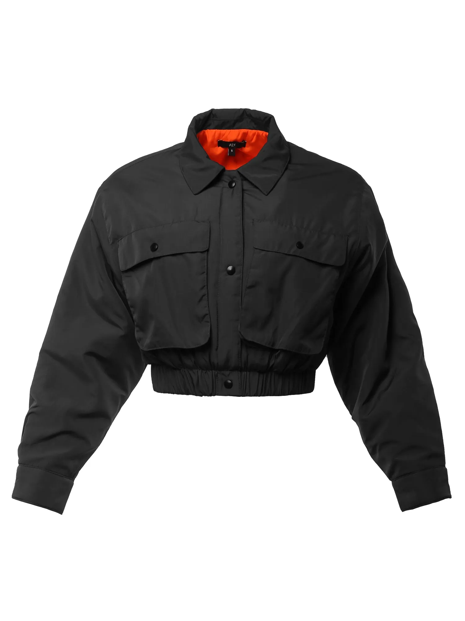 Cropped Front Two Pocket Snap Quilted Padding Bomber Jacket Black