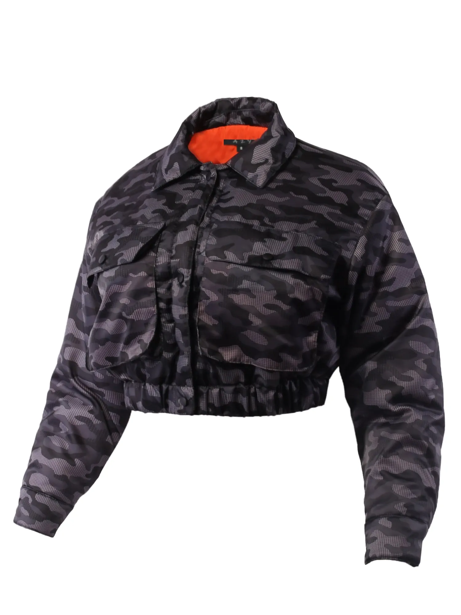 Cropped Front Two Pocket Snap Quilted Padding Bomber Jacket Black