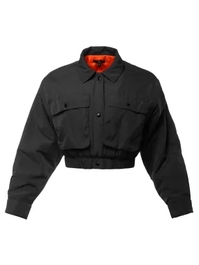 Cropped Front Two Pocket Snap Quilted Padding Bomber Jacket Black