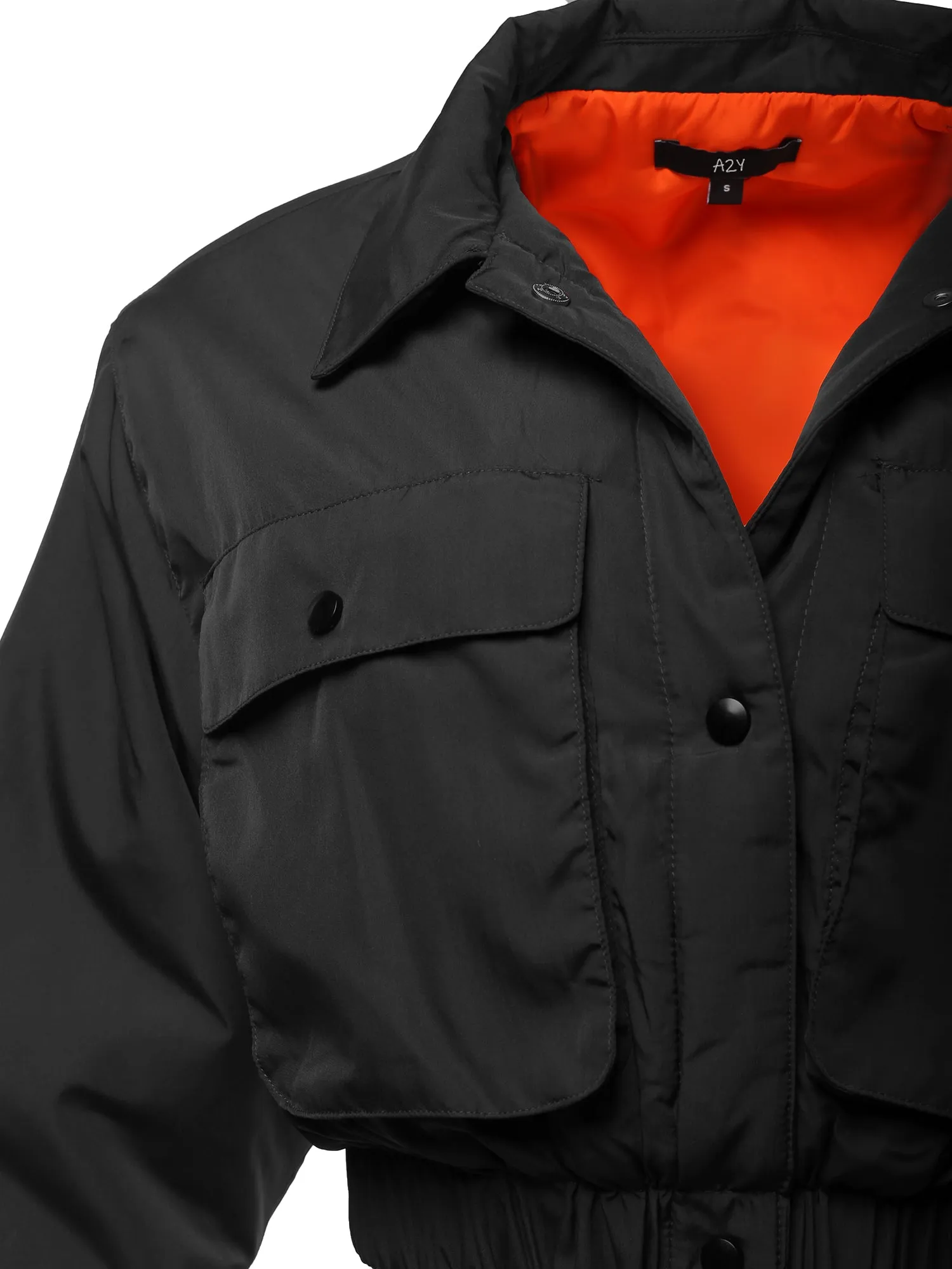 Cropped Front Two Pocket Snap Quilted Padding Bomber Jacket Black