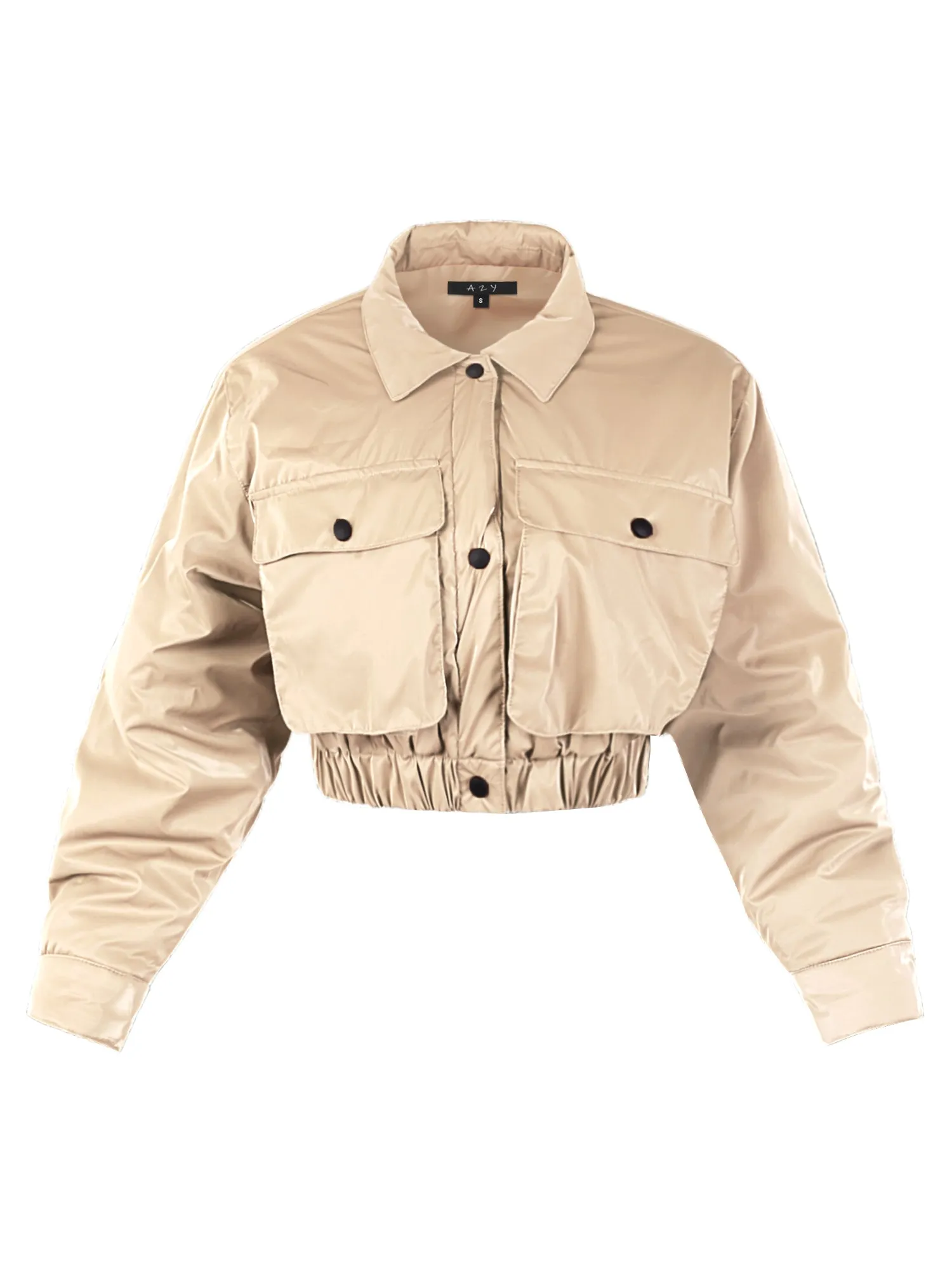 Cropped Front Two Pocket Snap Quilted Padding Bomber Jacket Black
