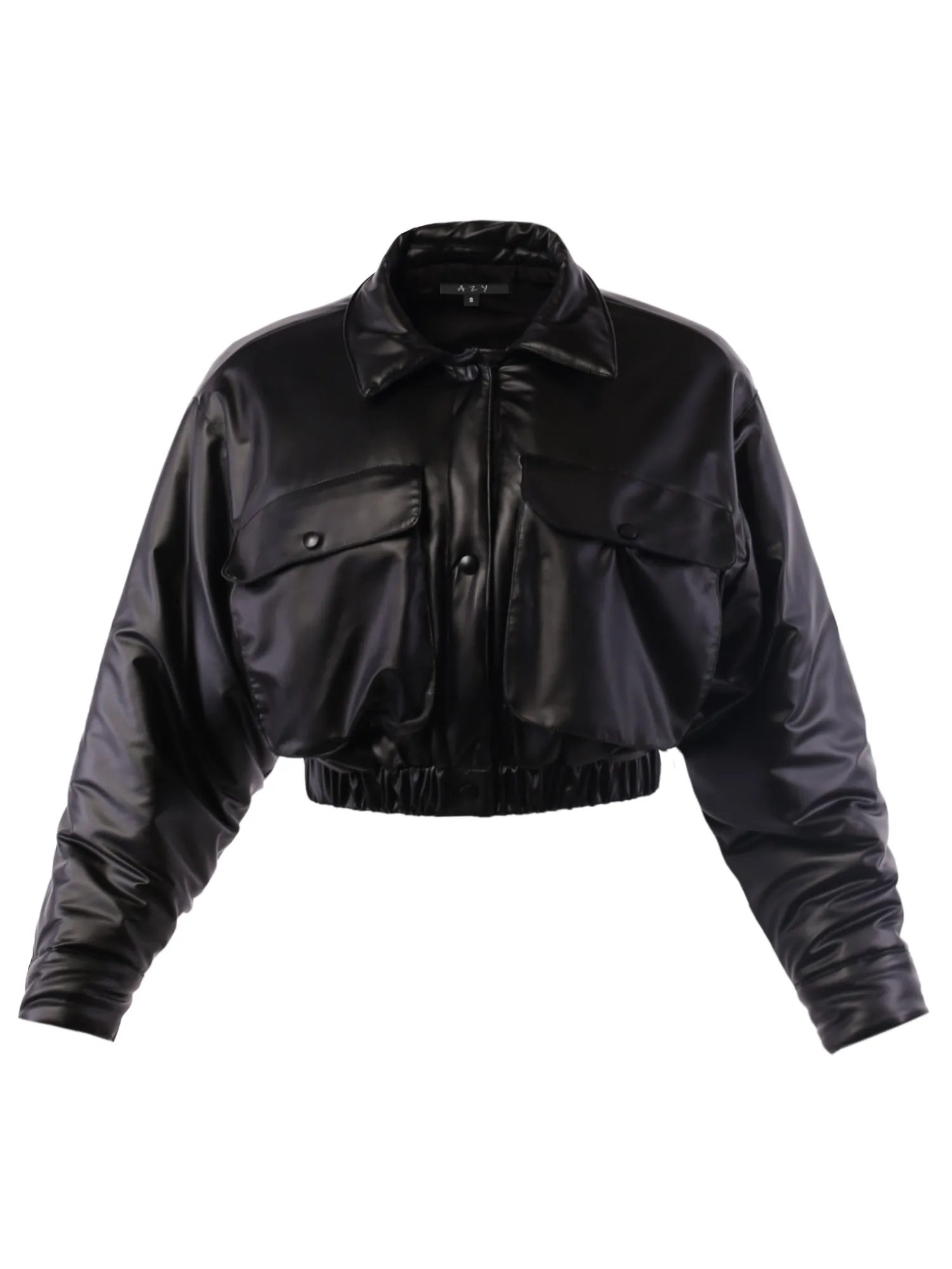 Cropped Front Two Pocket Snap Quilted Padding Bomber Jacket Black