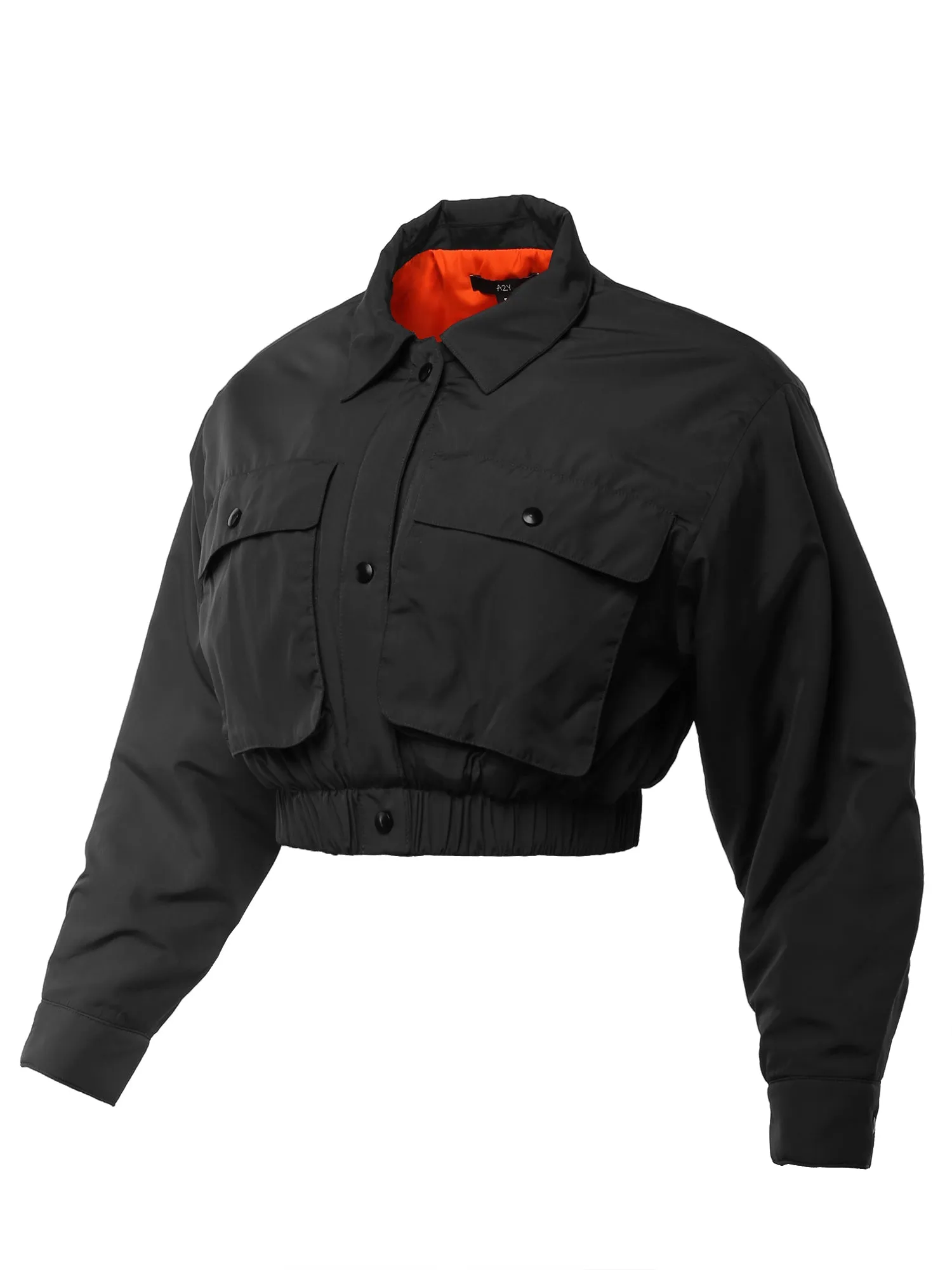 Cropped Front Two Pocket Snap Quilted Padding Bomber Jacket Black