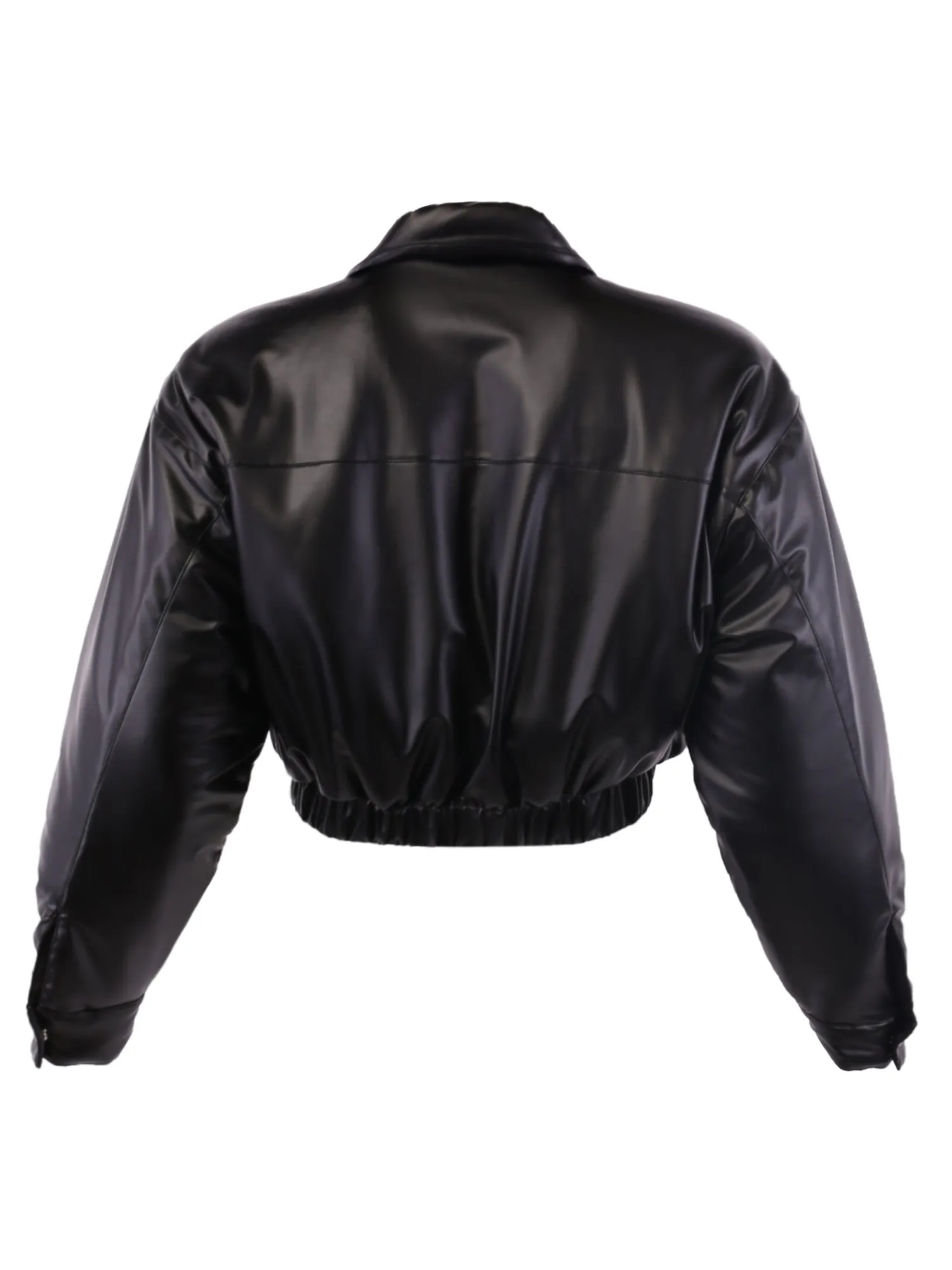 Cropped Front Two Pocket Snap Quilted Padding Bomber Jacket Black