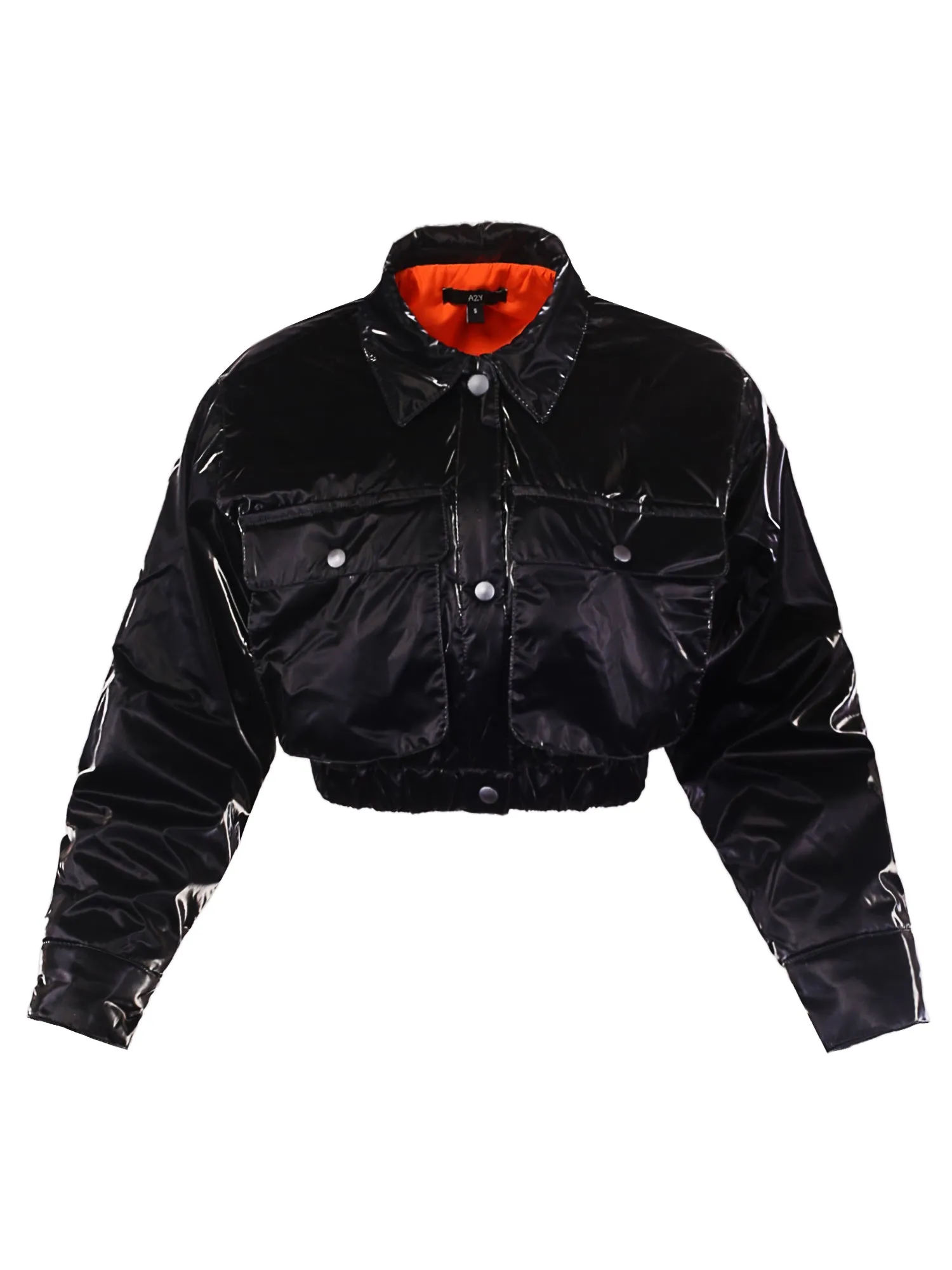 Cropped Front Two Pocket Snap Quilted Padding Bomber Jacket Black