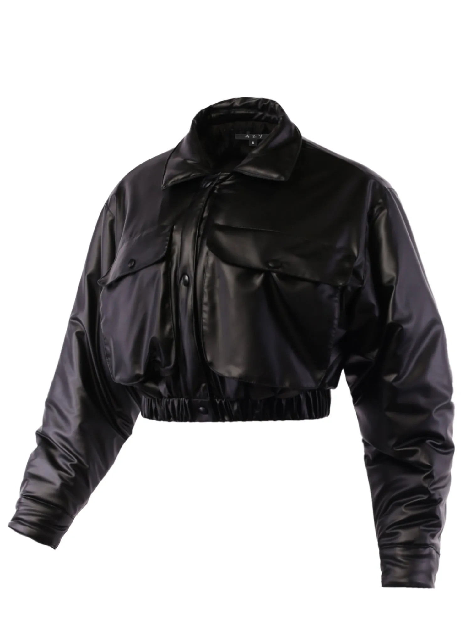 Cropped Front Two Pocket Snap Quilted Padding Bomber Jacket Black