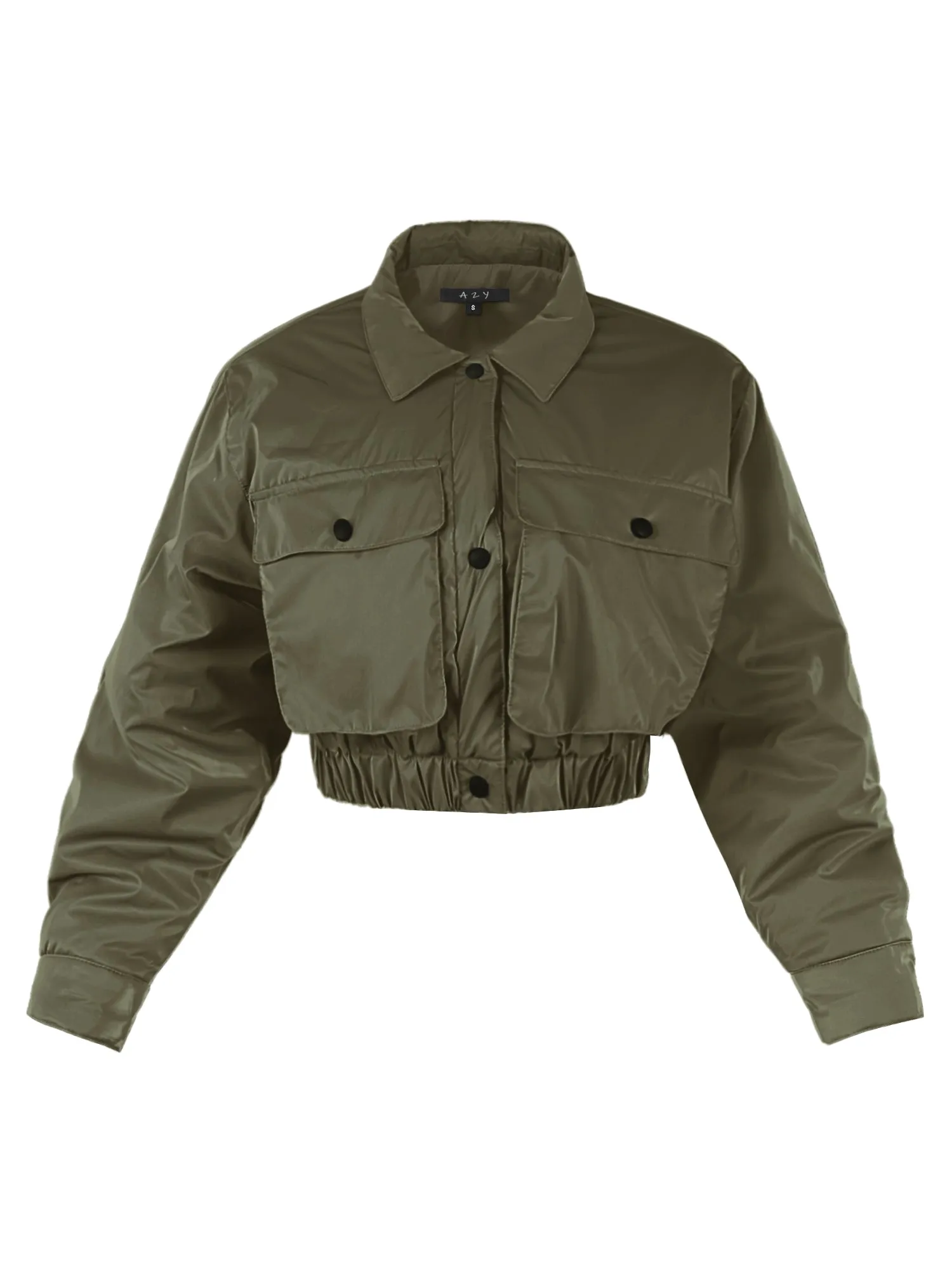 Cropped Front Two Pocket Snap Quilted Padding Bomber Jacket Black