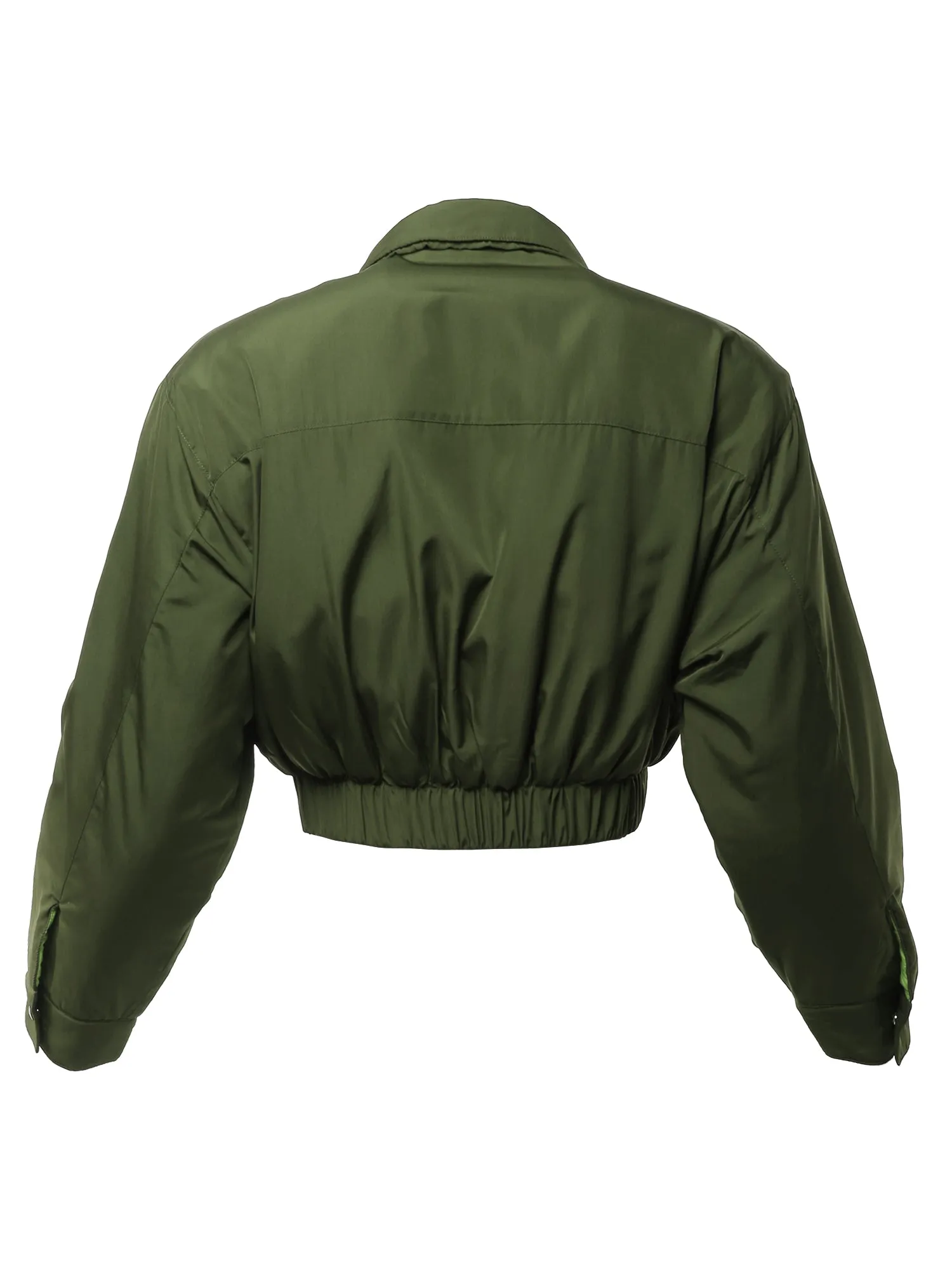 Cropped Front Two Pocket Snap Quilted Padding Bomber Jacket Black