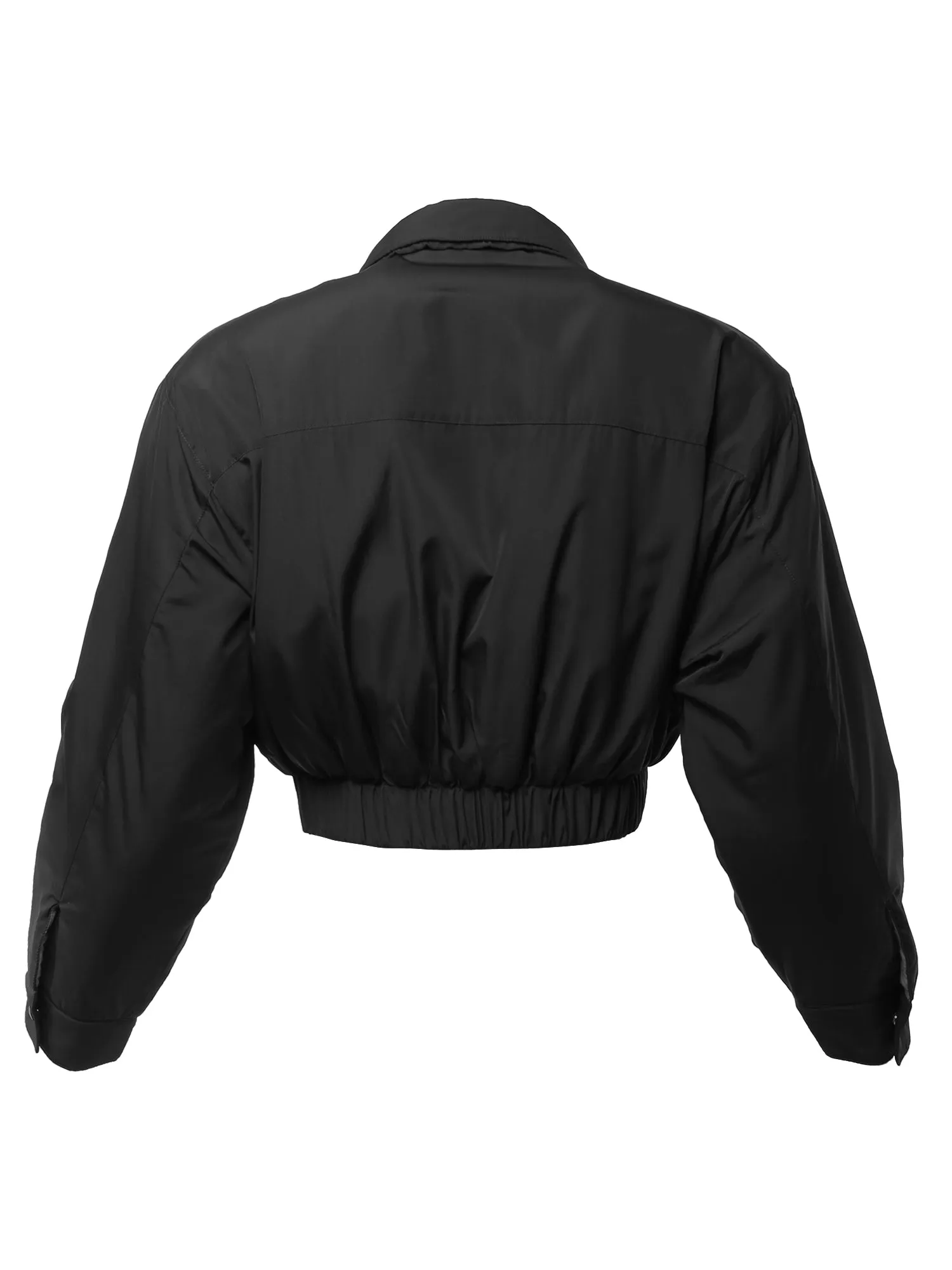 Cropped Front Two Pocket Snap Quilted Padding Bomber Jacket Black