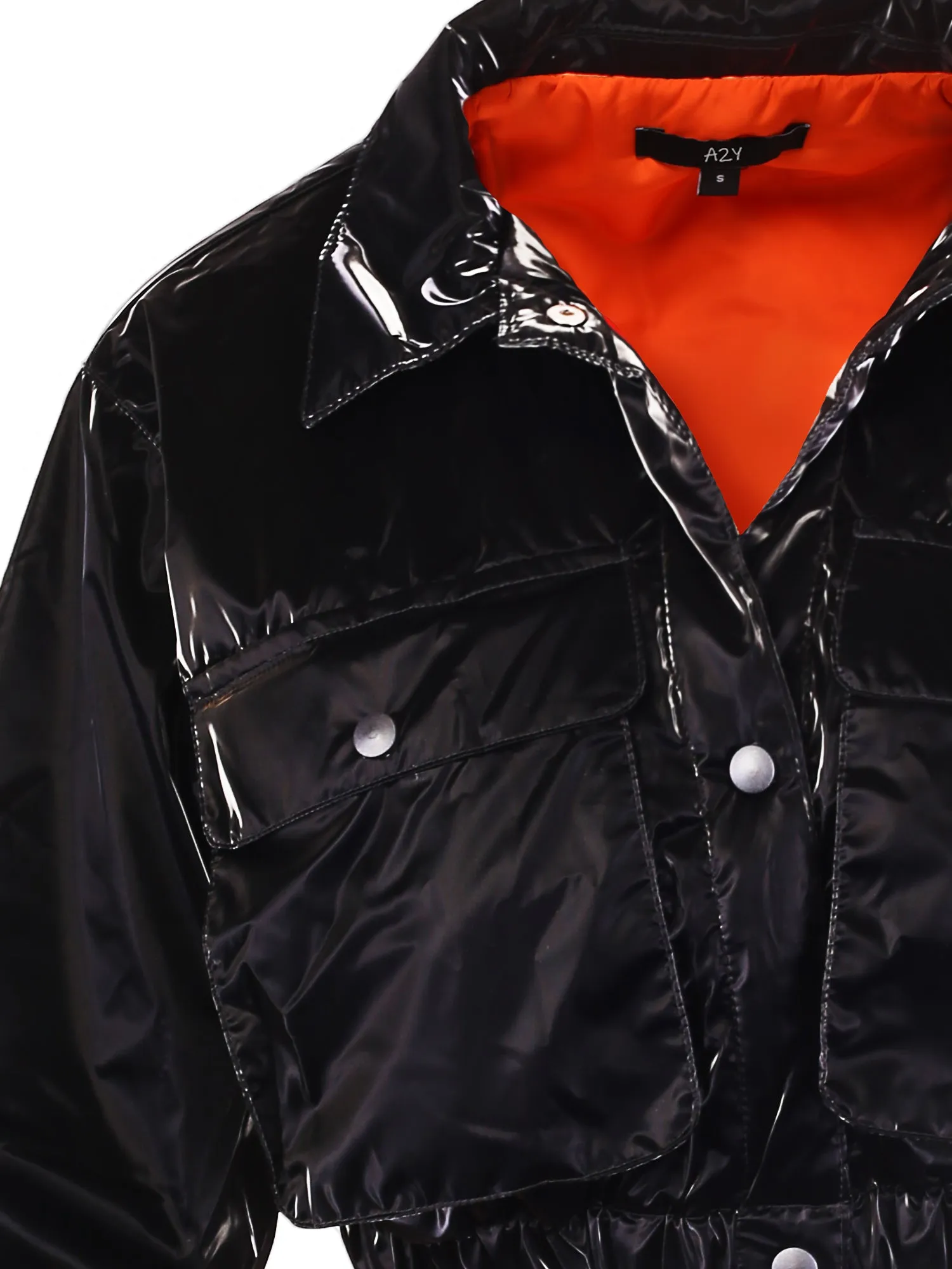 Cropped Front Two Pocket Snap Quilted Padding Bomber Jacket Black