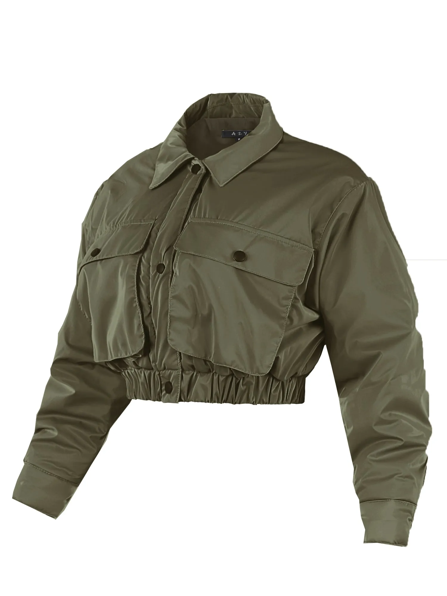 Cropped Front Two Pocket Snap Quilted Padding Bomber Jacket Black
