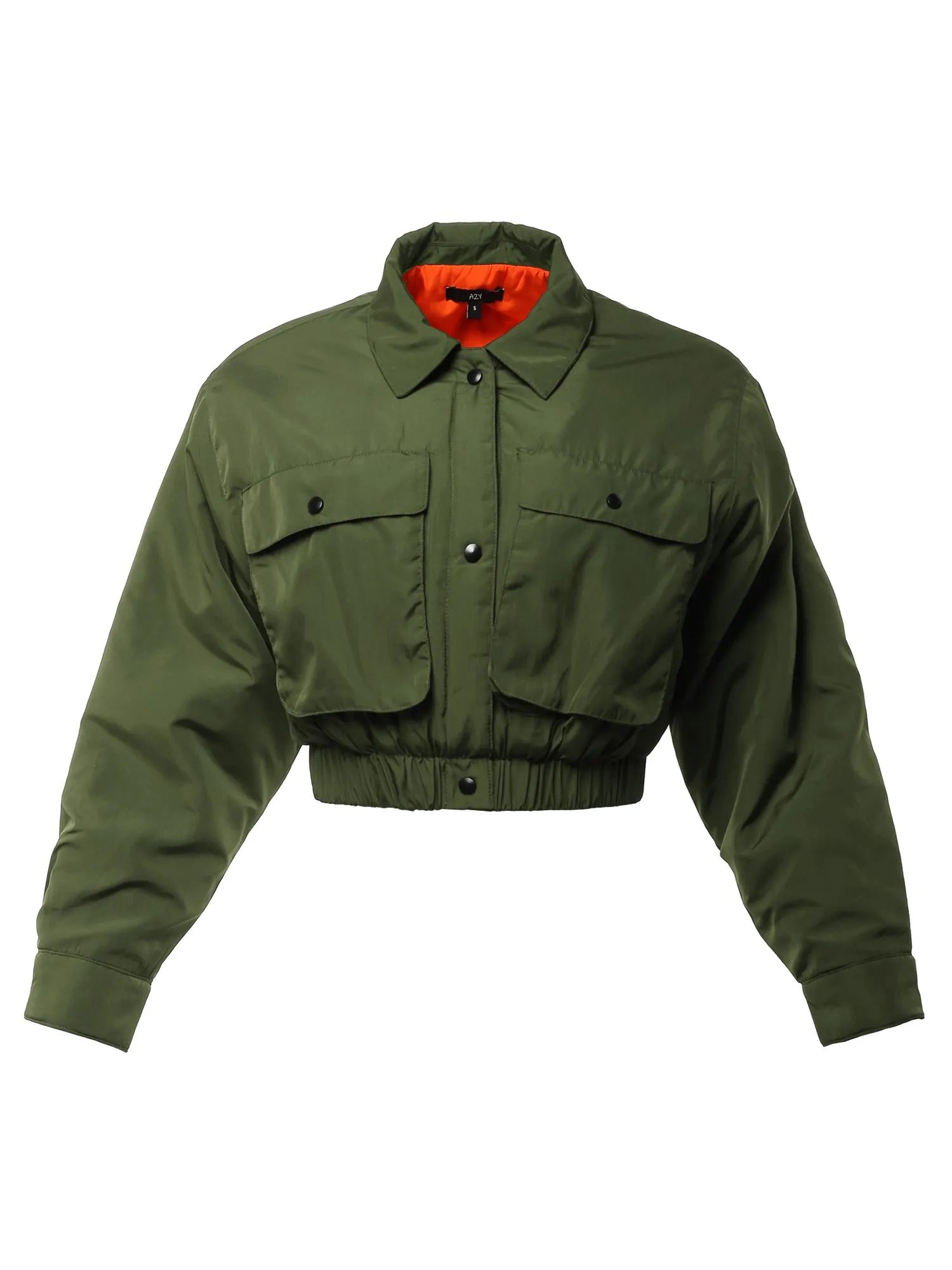 Cropped Front Two Pocket Snap Quilted Padding Bomber Jacket Black