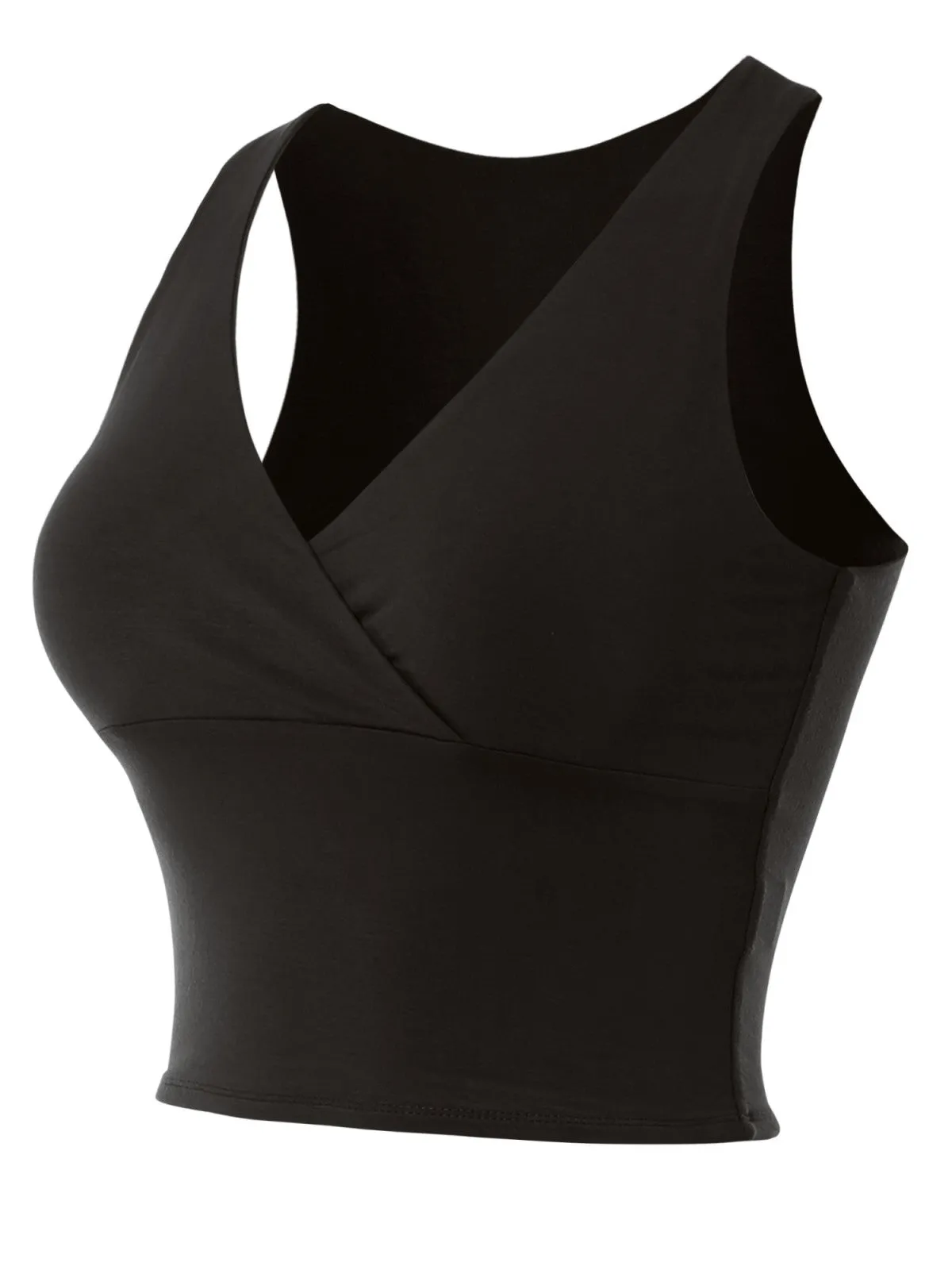 Deep V Neck Surplice Wrap Sleeveless Compression Double Layered Rayon Jersey Slim Crop Tank Top