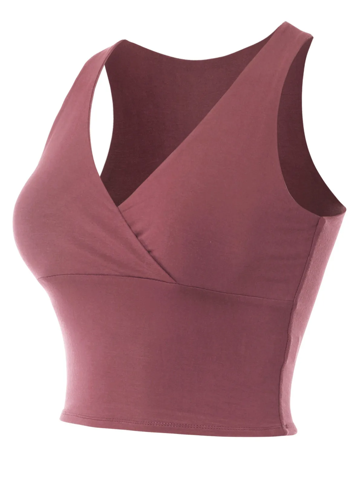 Deep V Neck Surplice Wrap Sleeveless Compression Double Layered Rayon Jersey Slim Crop Tank Top