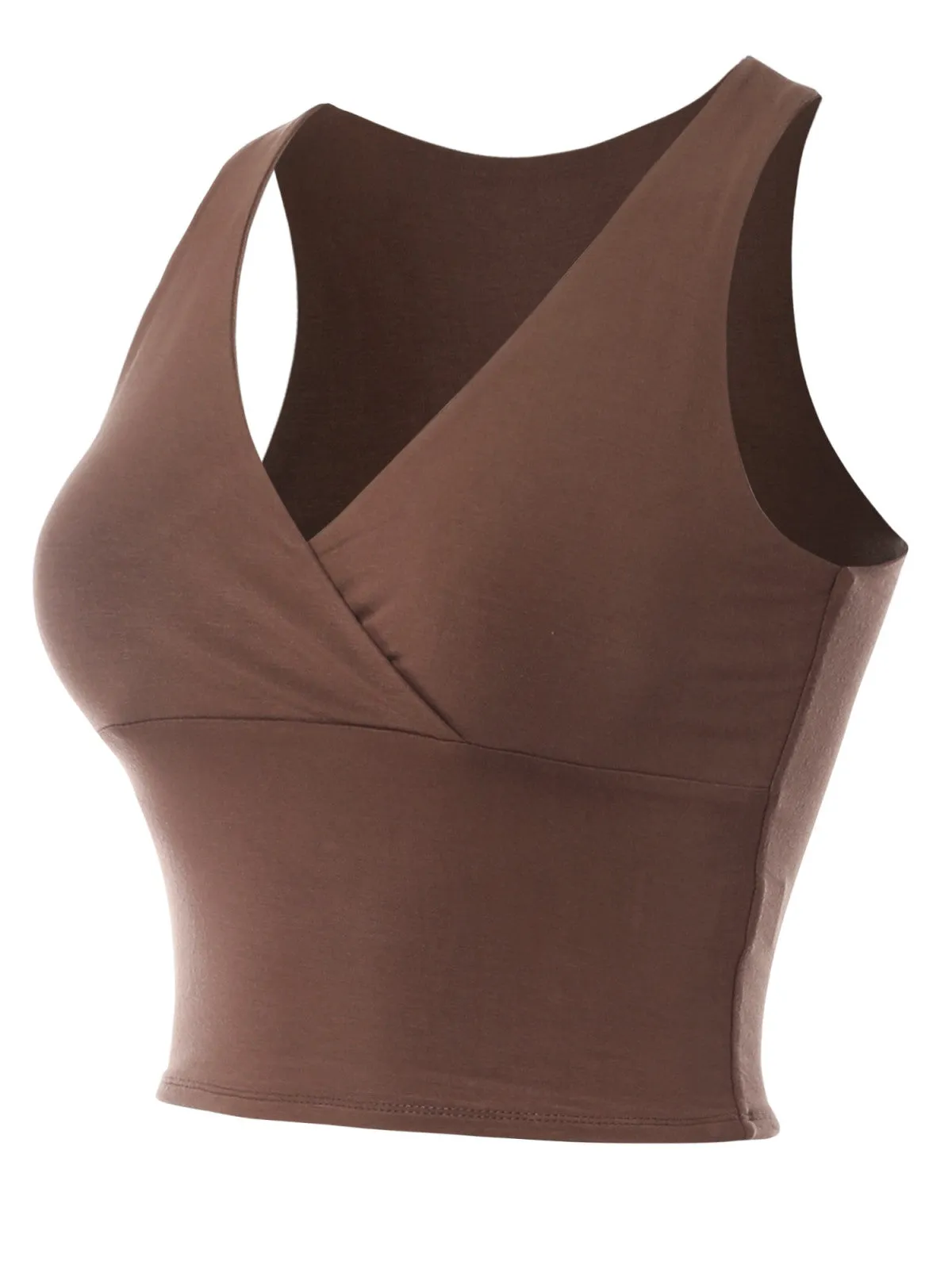 Deep V Neck Surplice Wrap Sleeveless Compression Double Layered Rayon Jersey Slim Crop Tank Top