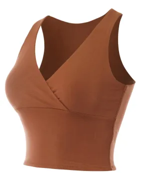 Deep V Neck Surplice Wrap Sleeveless Compression Double Layered Rayon Jersey Slim Crop Tank Top