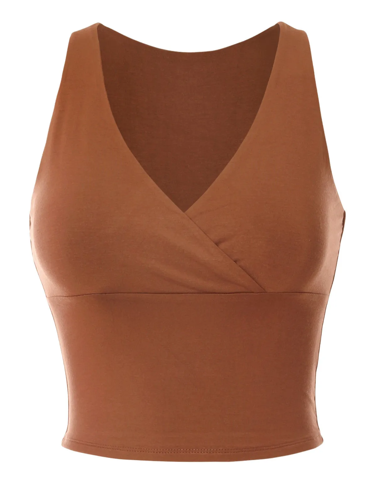 Deep V Neck Surplice Wrap Sleeveless Compression Double Layered Rayon Jersey Slim Crop Tank Top