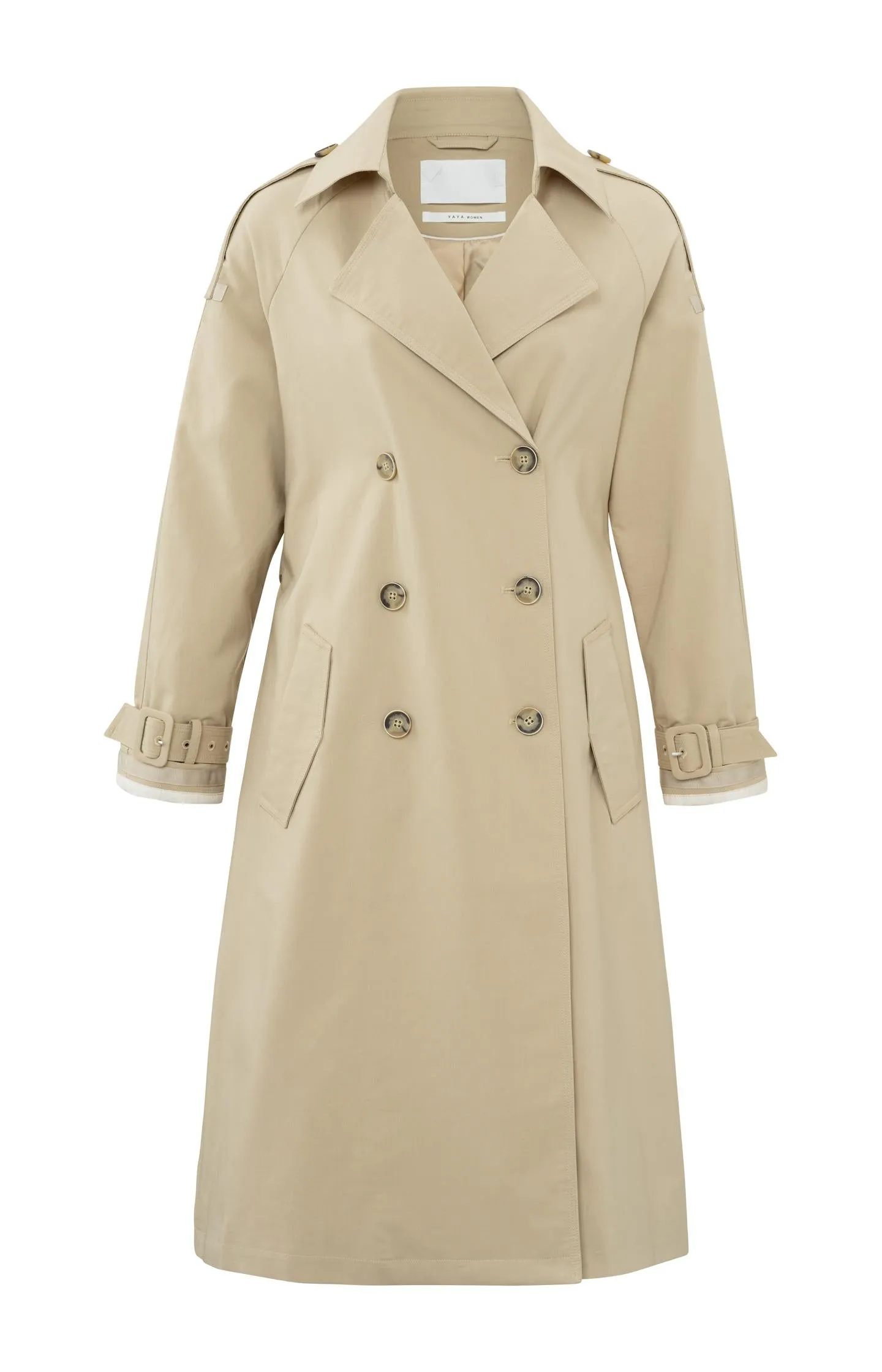 Double breasted trench coat with long sleeves, pockets and belt