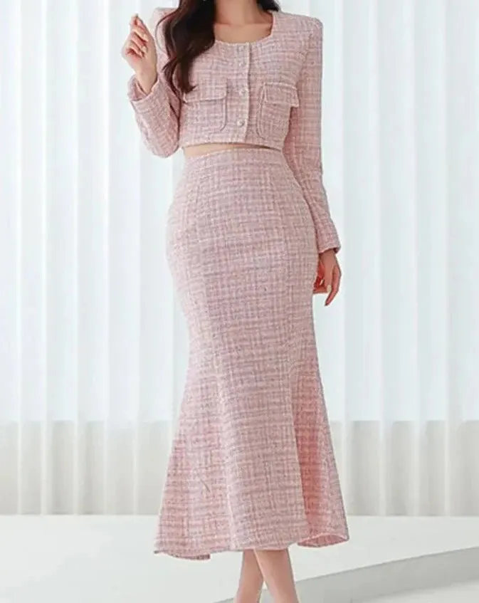 ELLORA  Tweed Jacket and Midi Skirt 2 Piece Set
