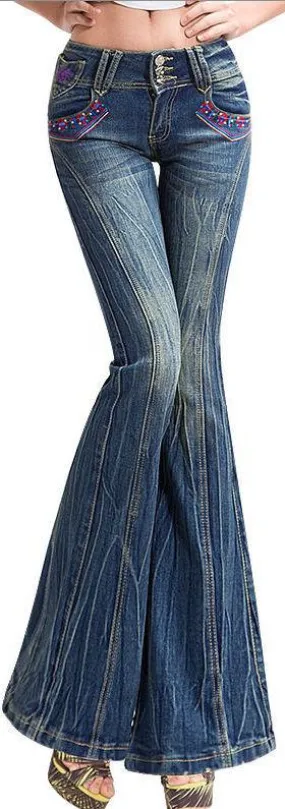Embroidered Crinkled Faded Flare Jeans