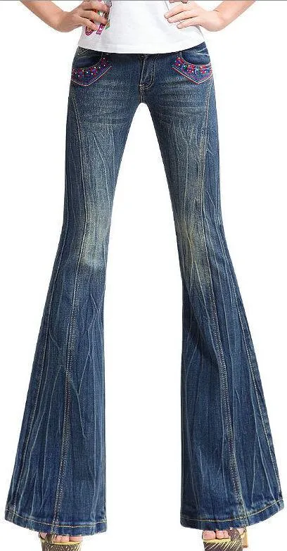 Embroidered Crinkled Faded Flare Jeans