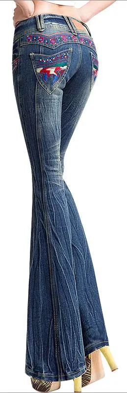 Embroidered Crinkled Faded Flare Jeans