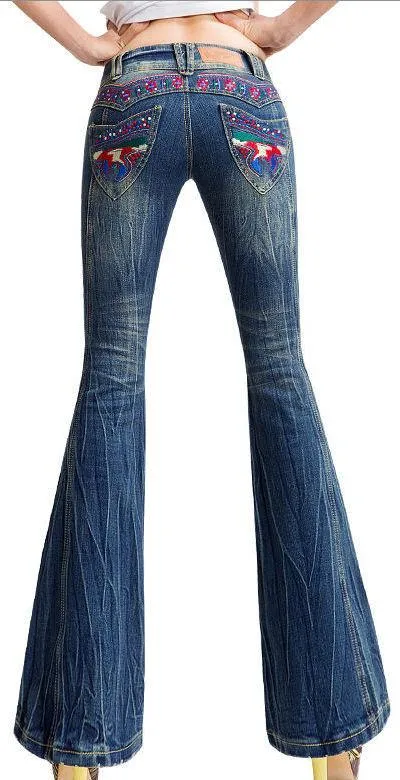 Embroidered Crinkled Faded Flare Jeans
