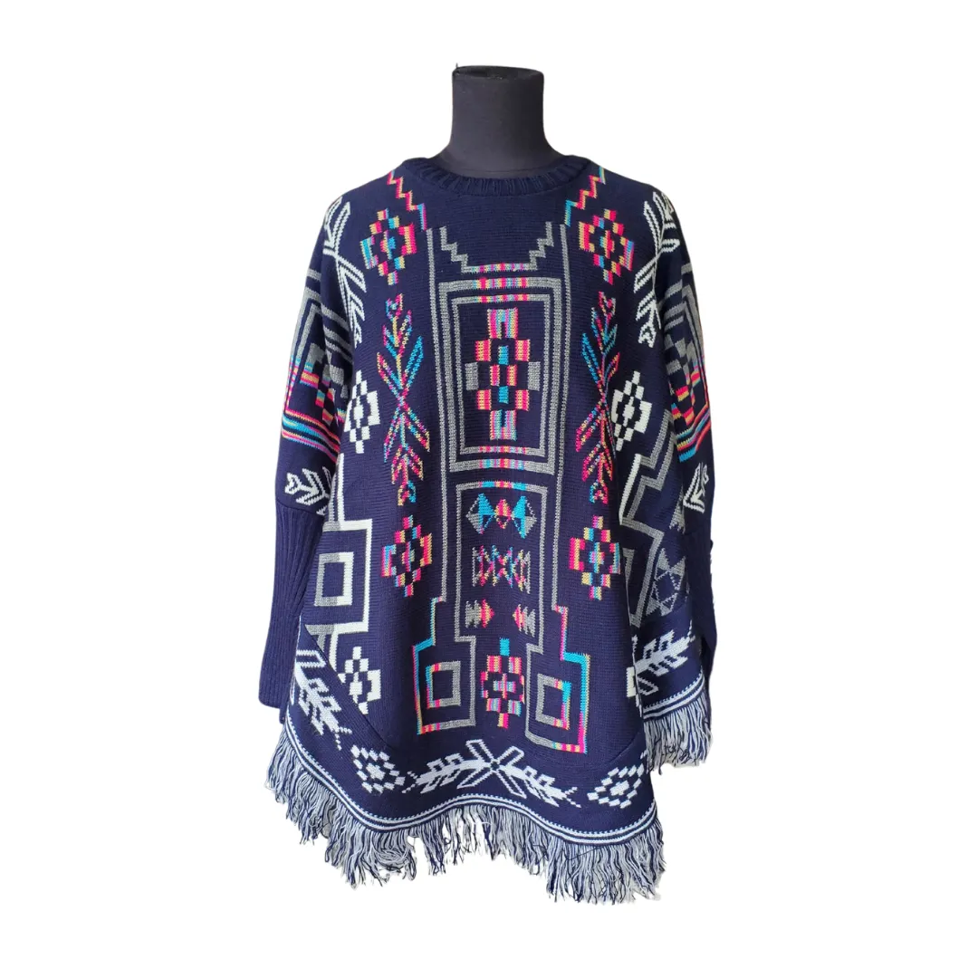 Ethnic Poncho with sleeves, Ruana, mananita. Artisanal made by indigenous artisans in Mexico. 100% cotton.