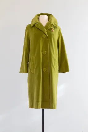 Fabulous 1960's Chartreuse Velvet Coat By Marguerite Rubel / ML