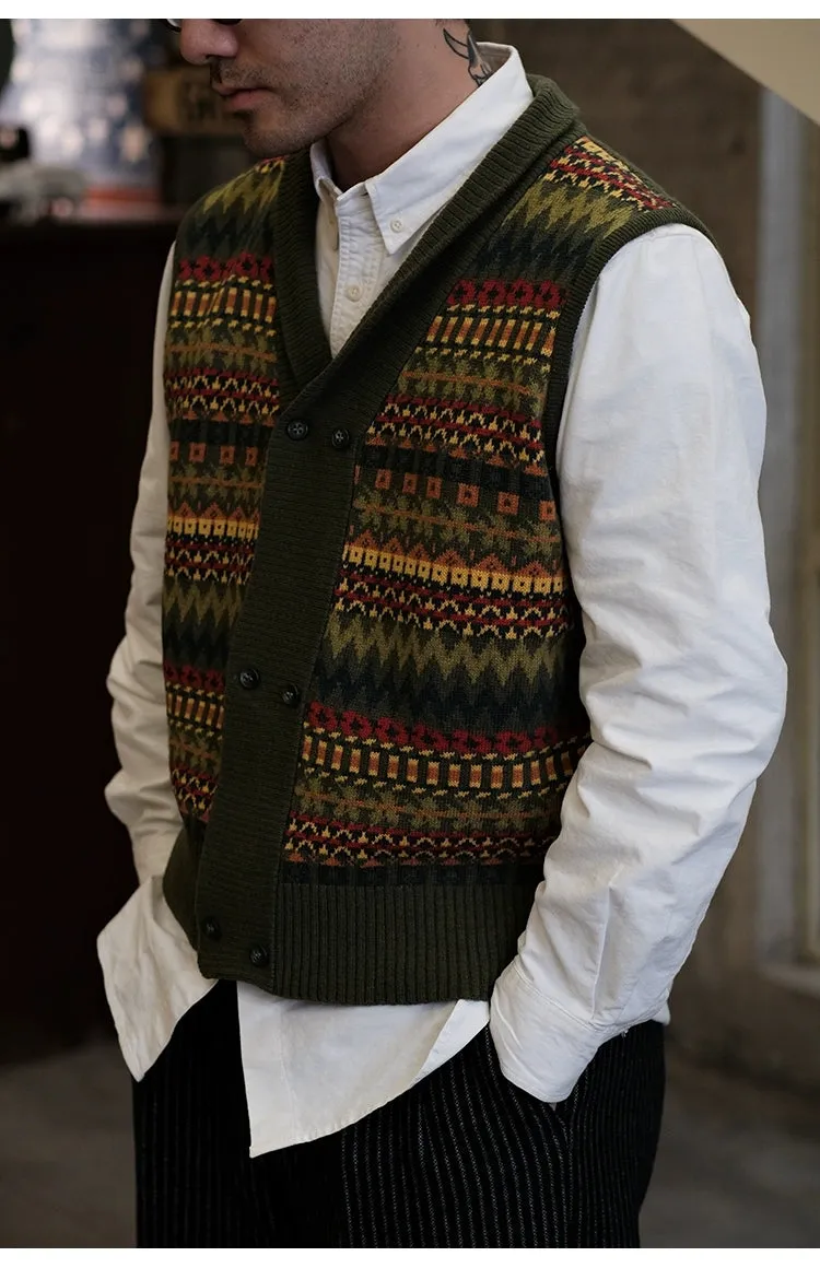 Fair Isle Pattern Australian Wool Jacquard Vest Sweater Cardigan