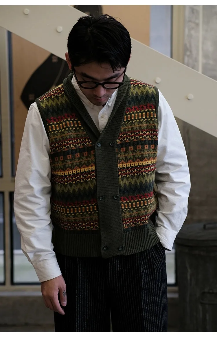 Fair Isle Pattern Australian Wool Jacquard Vest Sweater Cardigan