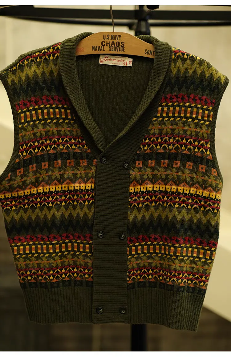 Fair Isle Pattern Australian Wool Jacquard Vest Sweater Cardigan