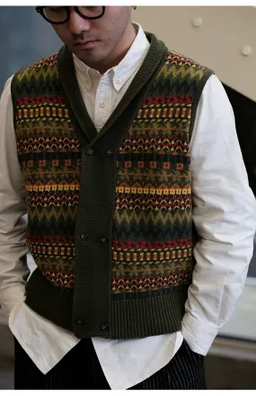 Fair Isle Pattern Australian Wool Jacquard Vest Sweater Cardigan