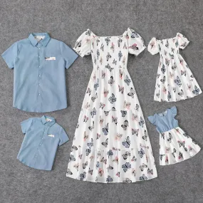 Family Matching Dress Denim Floral Ruffle V Neck Spaghetti Strap Midi Dresses Short-sleeve Shirts
