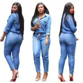 Fashion Mid Waist Tie Jeans Women's Slim Fit Casual Jumpsuit