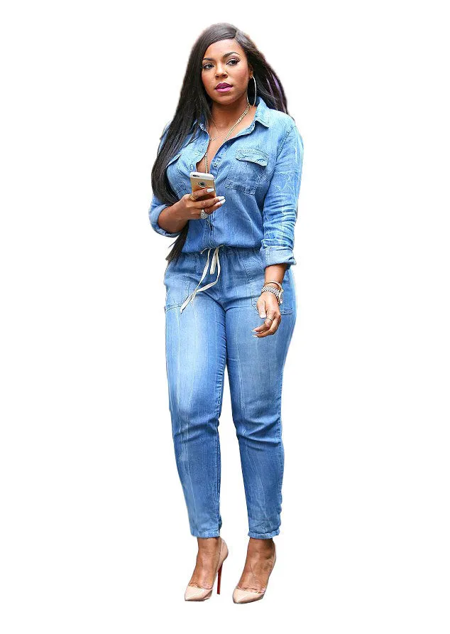 Fashion Mid Waist Tie Jeans Women's Slim Fit Casual Jumpsuit