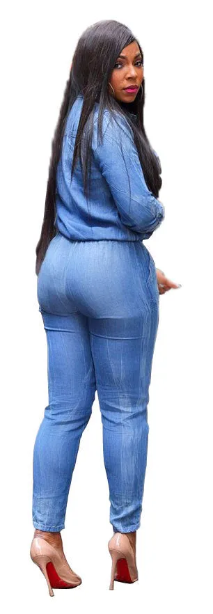 Fashion Mid Waist Tie Jeans Women's Slim Fit Casual Jumpsuit