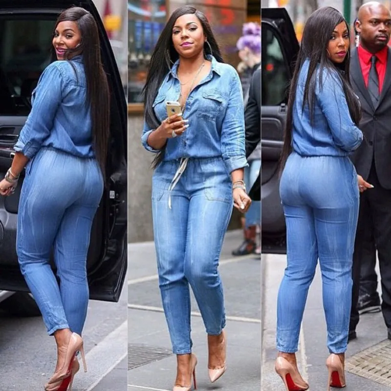 Fashion Mid Waist Tie Jeans Women's Slim Fit Casual Jumpsuit